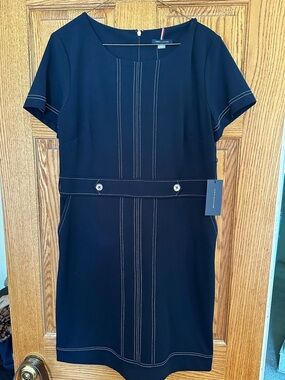 New NWT Tommy Hilfiger 12 Navy Short-Sleeve Sheath Dress Contrast Stitching